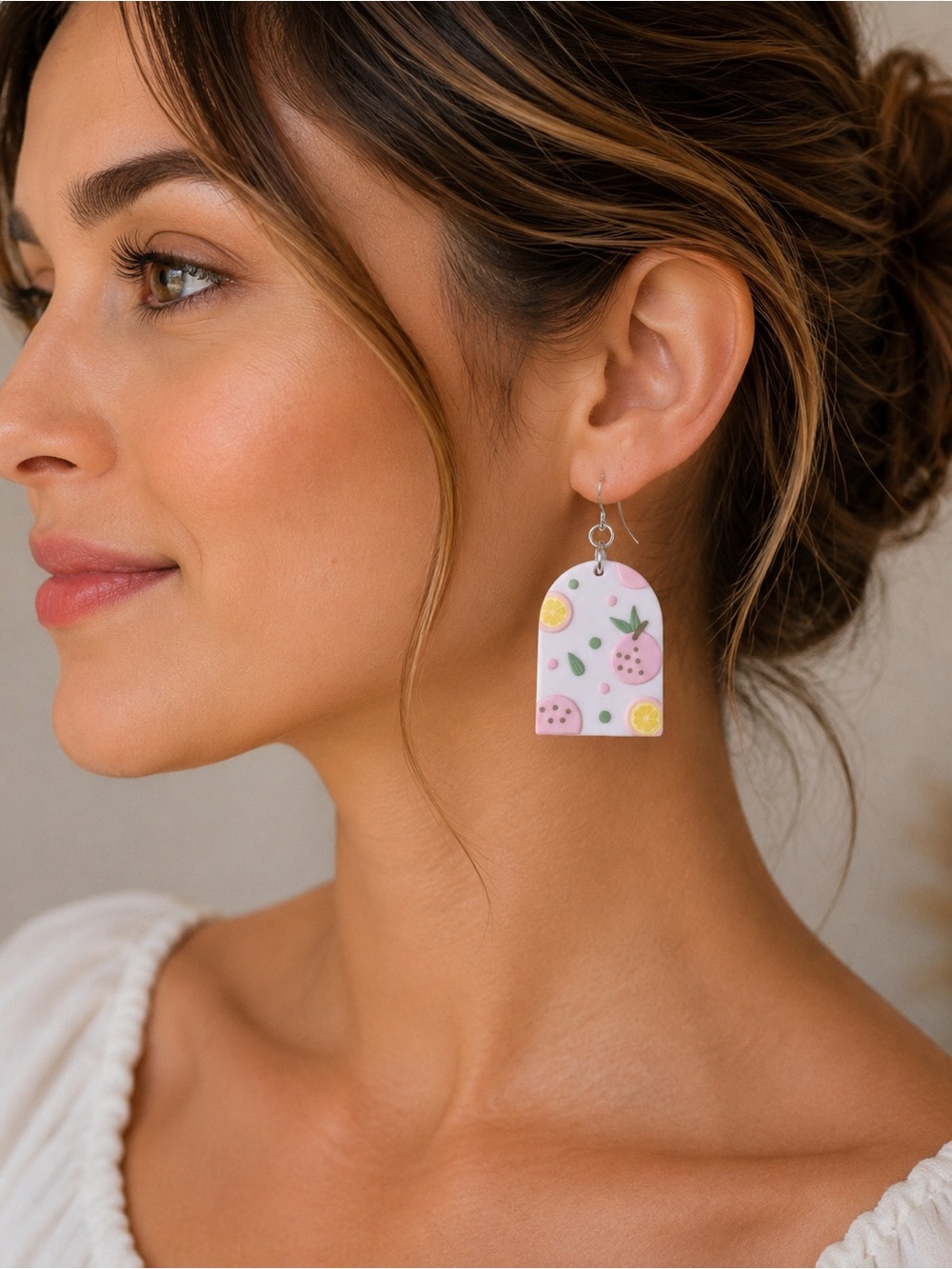 Geometrical Shape with Fruit Handmade Polymer Clay‎ earrings, Arch, 36x24x5mm